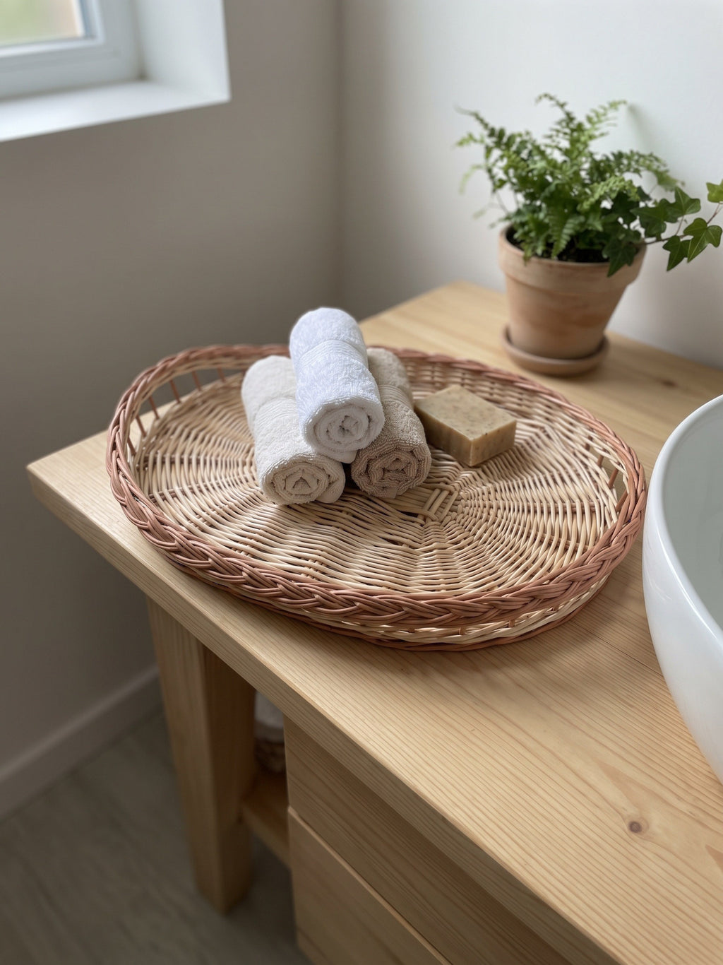 Oval willow tray used in a bathroom on a wooden vanity, holding rolled white towels and a bar of soap next to a potted fern