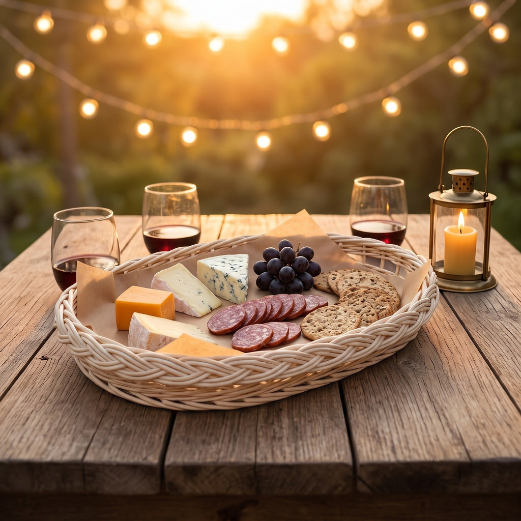 Wicker serving platter with a braided rim laid with cheese, salami, crackers and grapes on a rustic outdoor table with wine glasses and string lights