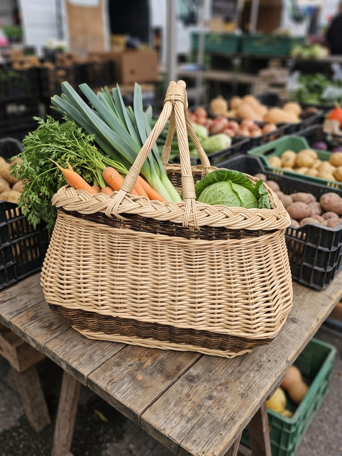 Willow garden basket with two handles filled with leeks, carrots and cabbage on a wooden stall at a farmers market.