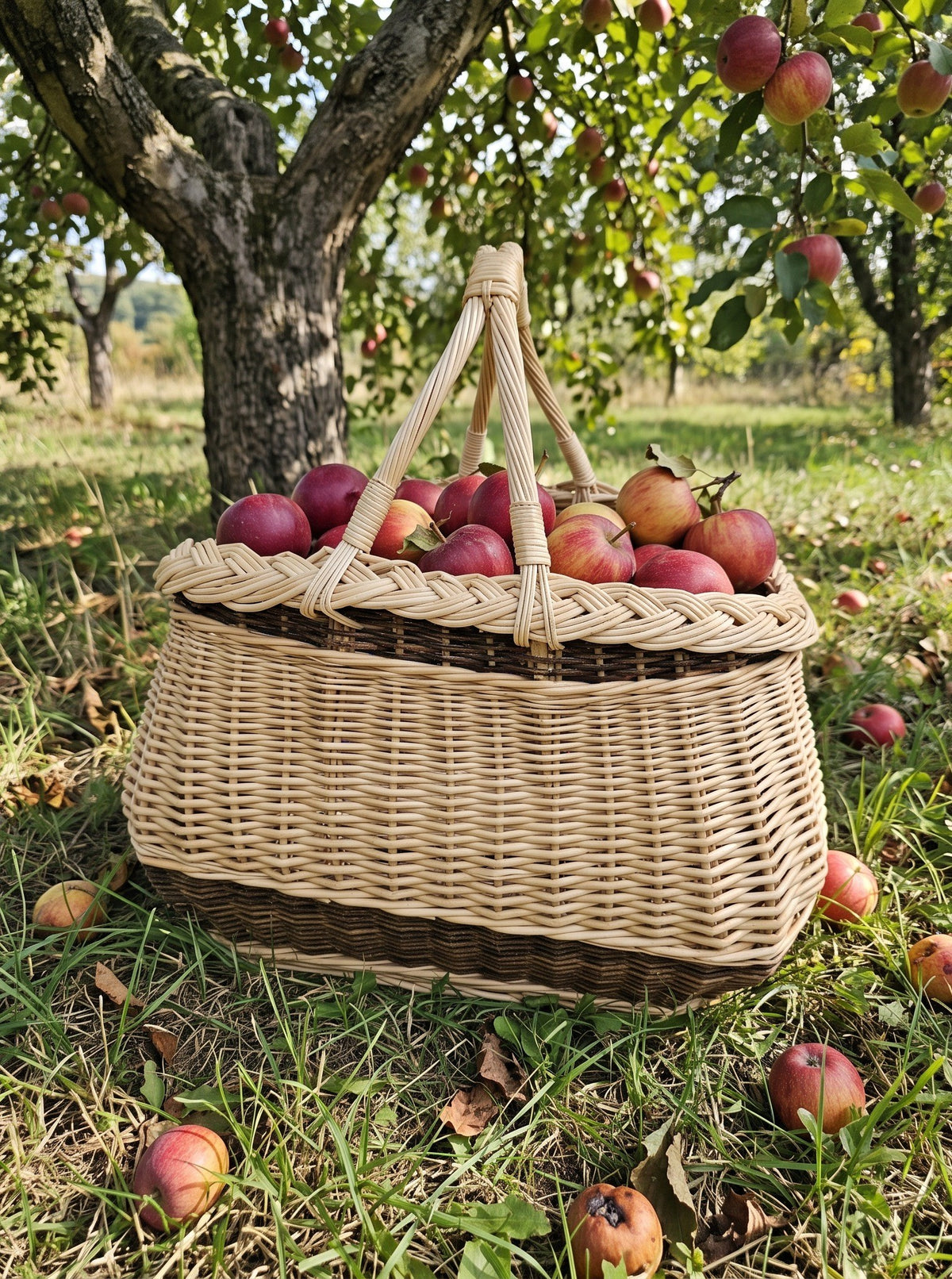 Two-handled wicker garden basket full of red apples on the grass under an apple tree in an autumn orchard.