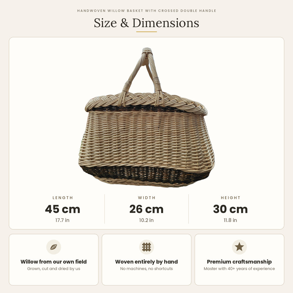 Size chart for the handwoven willow garden basket with two crossed handles showing 45 cm length, 26 cm width and 30 cm height.
