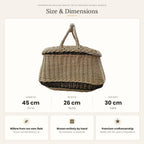 Size chart for the handwoven willow garden basket with two crossed handles showing 45 cm length, 26 cm width and 30 cm height.