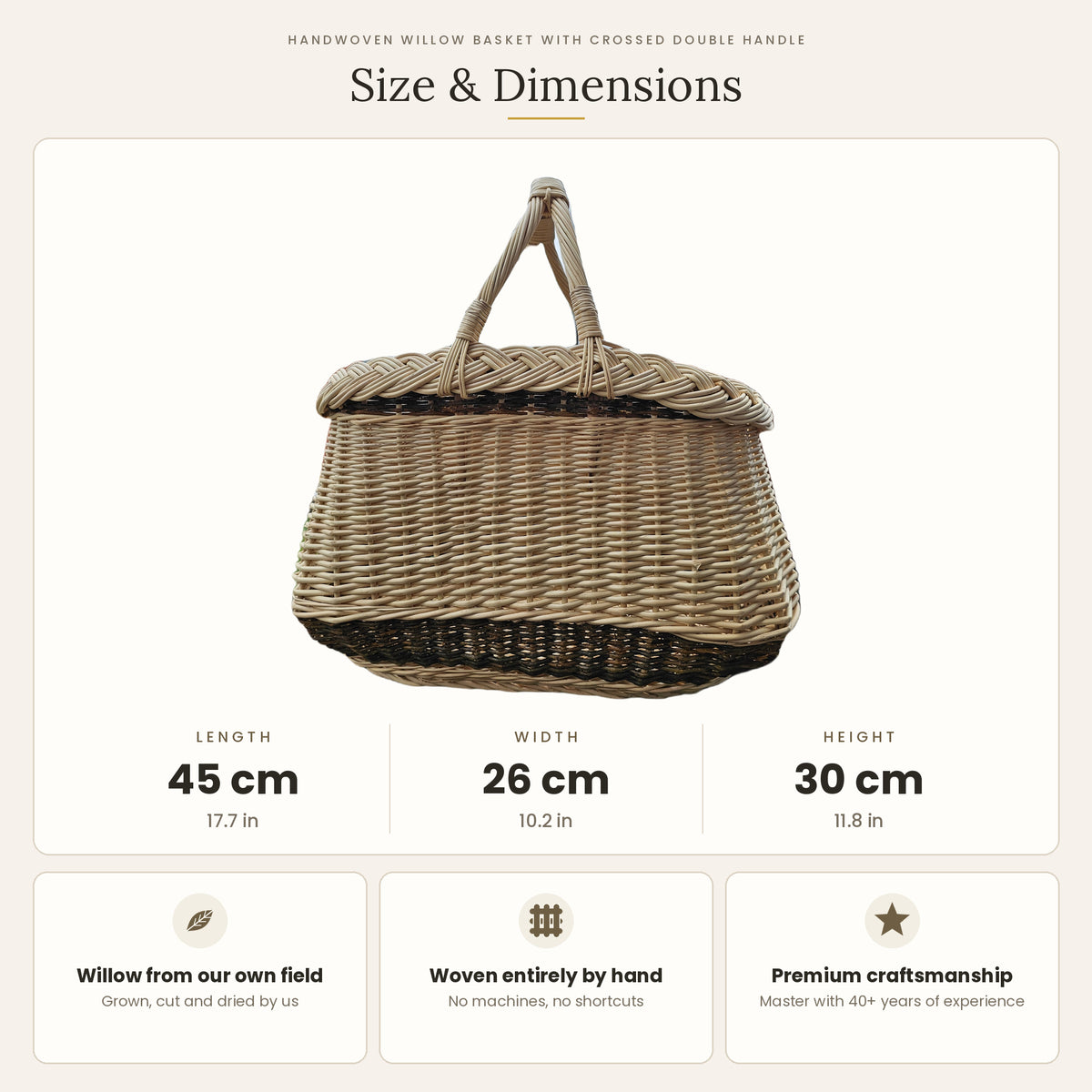 Size chart for the handwoven willow garden basket with two crossed handles showing 45 cm length, 26 cm width and 30 cm height.