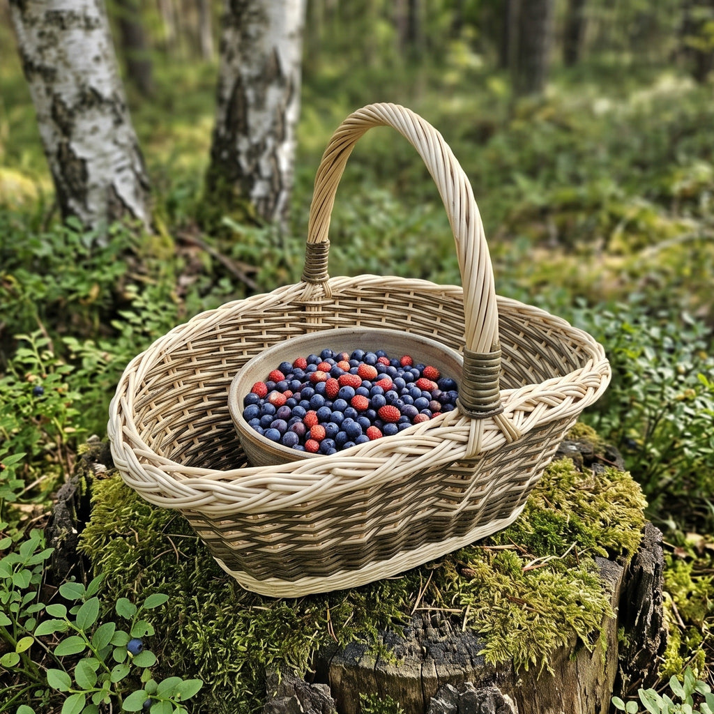 Oval willow egg gathering basket with a tall arched handle, holding a bowl of blueberries and redcurrants on a mossy stump in a birch forest