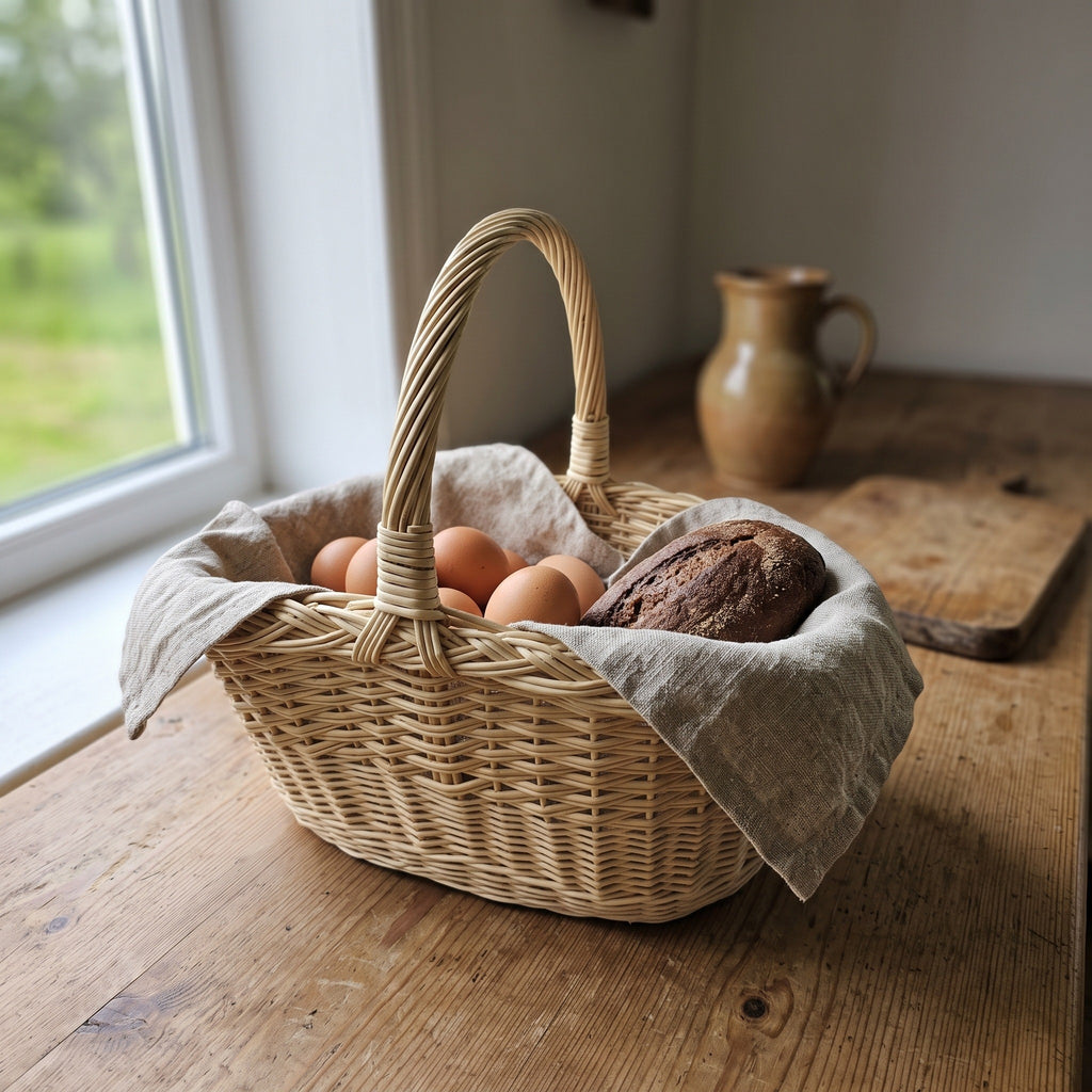 Willow egg gathering basket lined with a linen cloth holding brown eggs and a loaf of rye bread on a rustic wooden kitchen counter