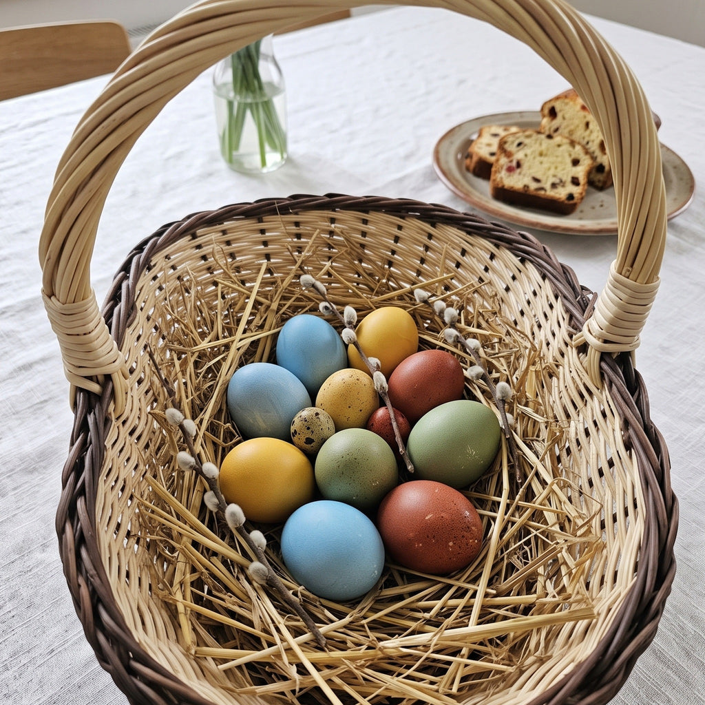 Handwoven oval Easter basket with handle holding dyed Easter eggs on straw with pussy willow twigs on a table set for a spring breakfast