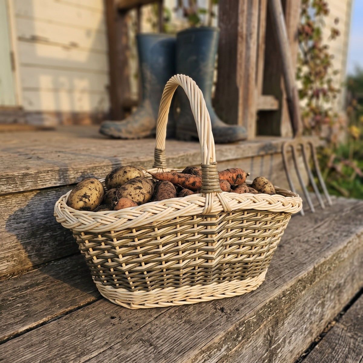 Oval wicker vegetable basket with handle filled with freshly dug potatoes and carrots on a wooden porch step beside rubber boots and a fork