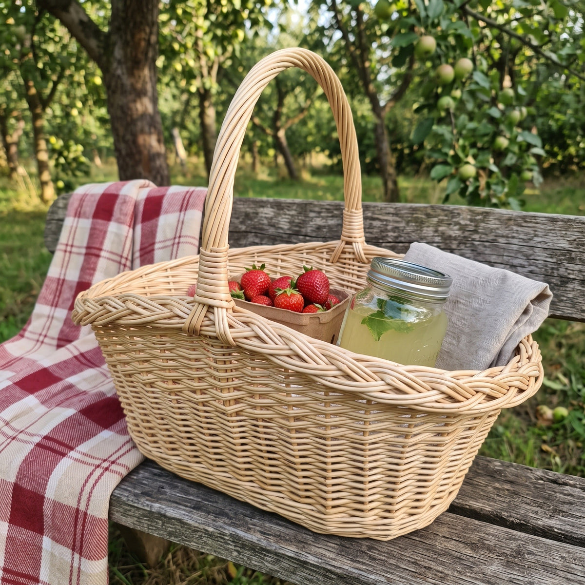 Oval willow gathering basket with handle holding strawberries, a jar of lemonade and a linen napkin on a garden bench with a checked blanket