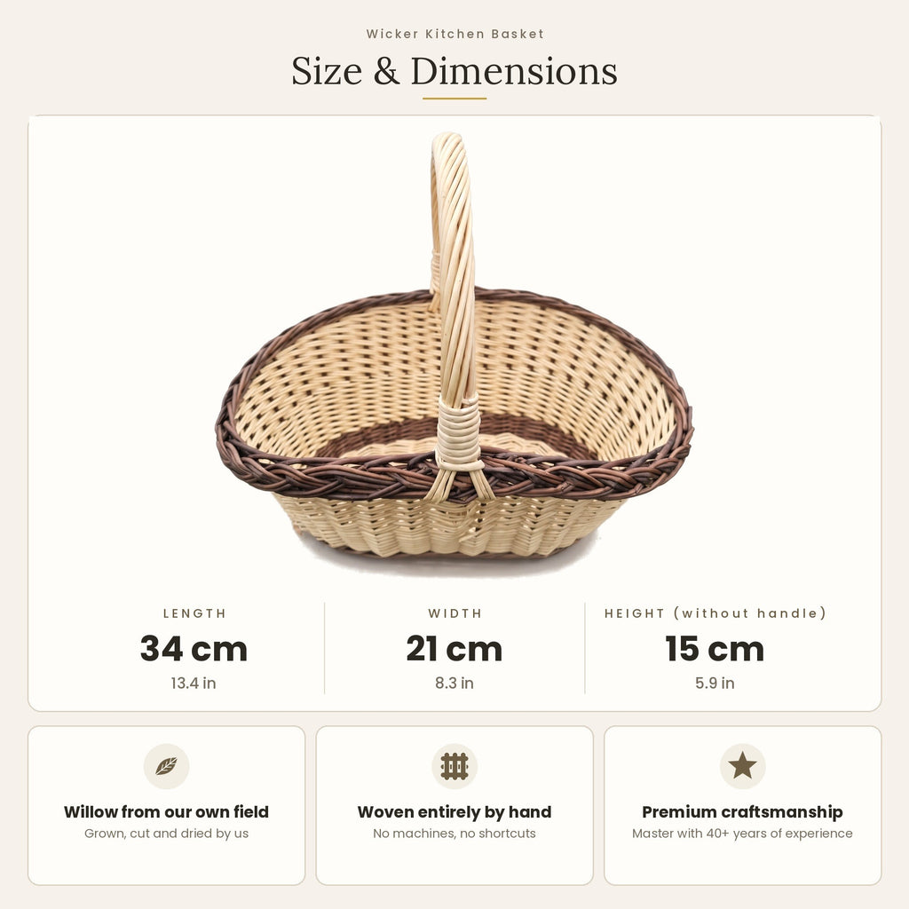 Size chart for the handwoven oval willow egg gathering basket showing 34 cm length, 21 cm width and 15 cm height without handle