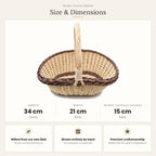 Size chart for the handwoven oval willow egg gathering basket showing 34 cm length, 21 cm width and 15 cm height without handle