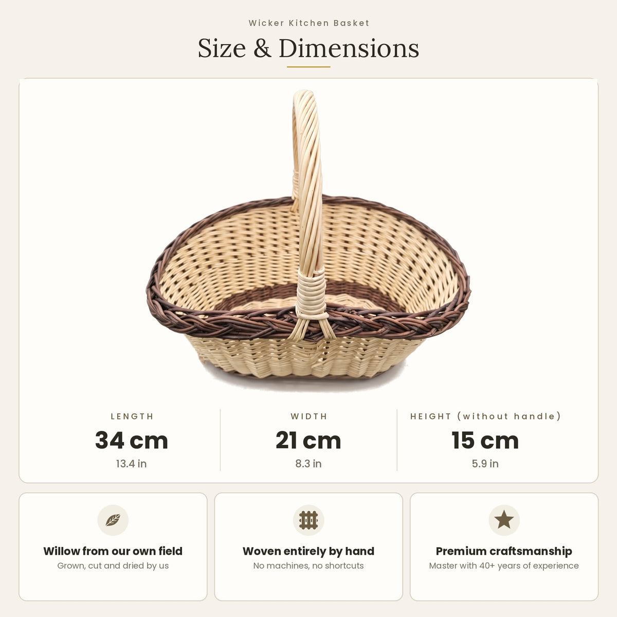 Size chart for the handwoven oval willow egg gathering basket showing 34 cm length, 21 cm width and 15 cm height without handle