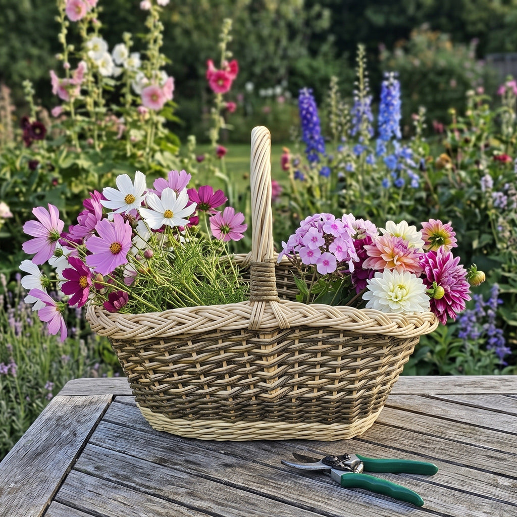 Shallow oval wicker basket with handle used for garden picking, with freshly cut cosmos and dahlias on a wooden table among summer flowers
