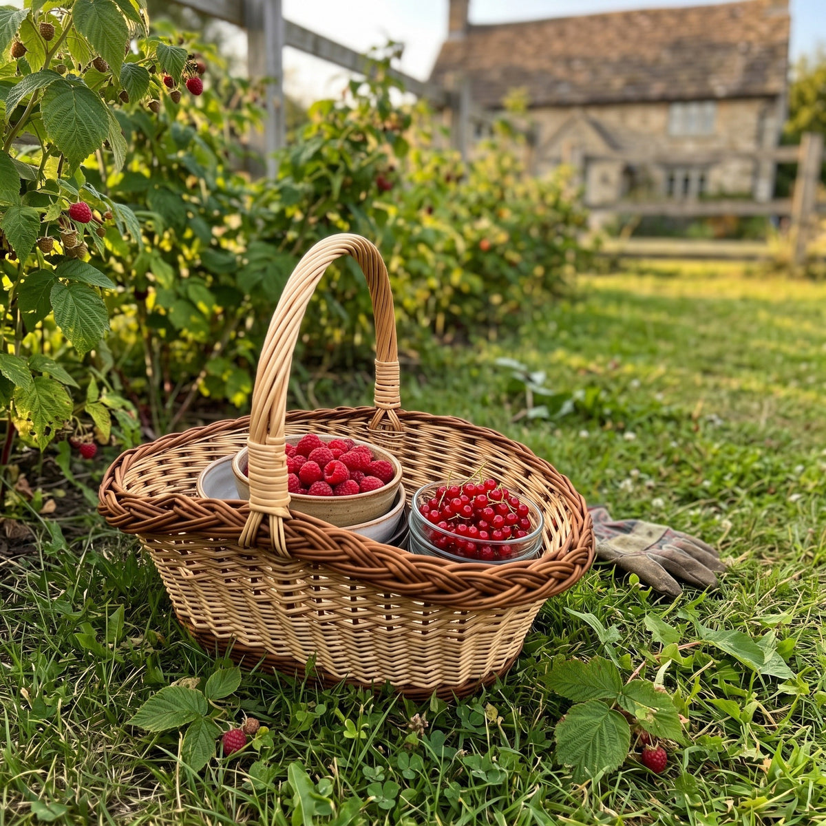 Handwoven willow harvest basket with a braided rim and arched handle holding bowls of raspberries and redcurrants on the grass by a cottage
