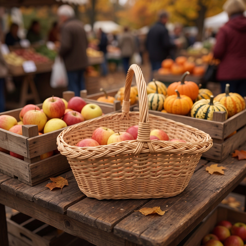 Handwoven oval wicker market basket with handle filled with red apples on a wooden stall at an autumn farmers market with pumpkins