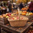 Handwoven oval wicker market basket with handle filled with red apples on a wooden stall at an autumn farmers market with pumpkins