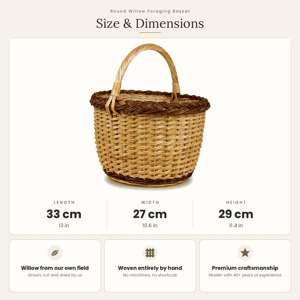 Size chart for the round foraging basket with handle showing 33 cm length, 27 cm width and 29 cm height