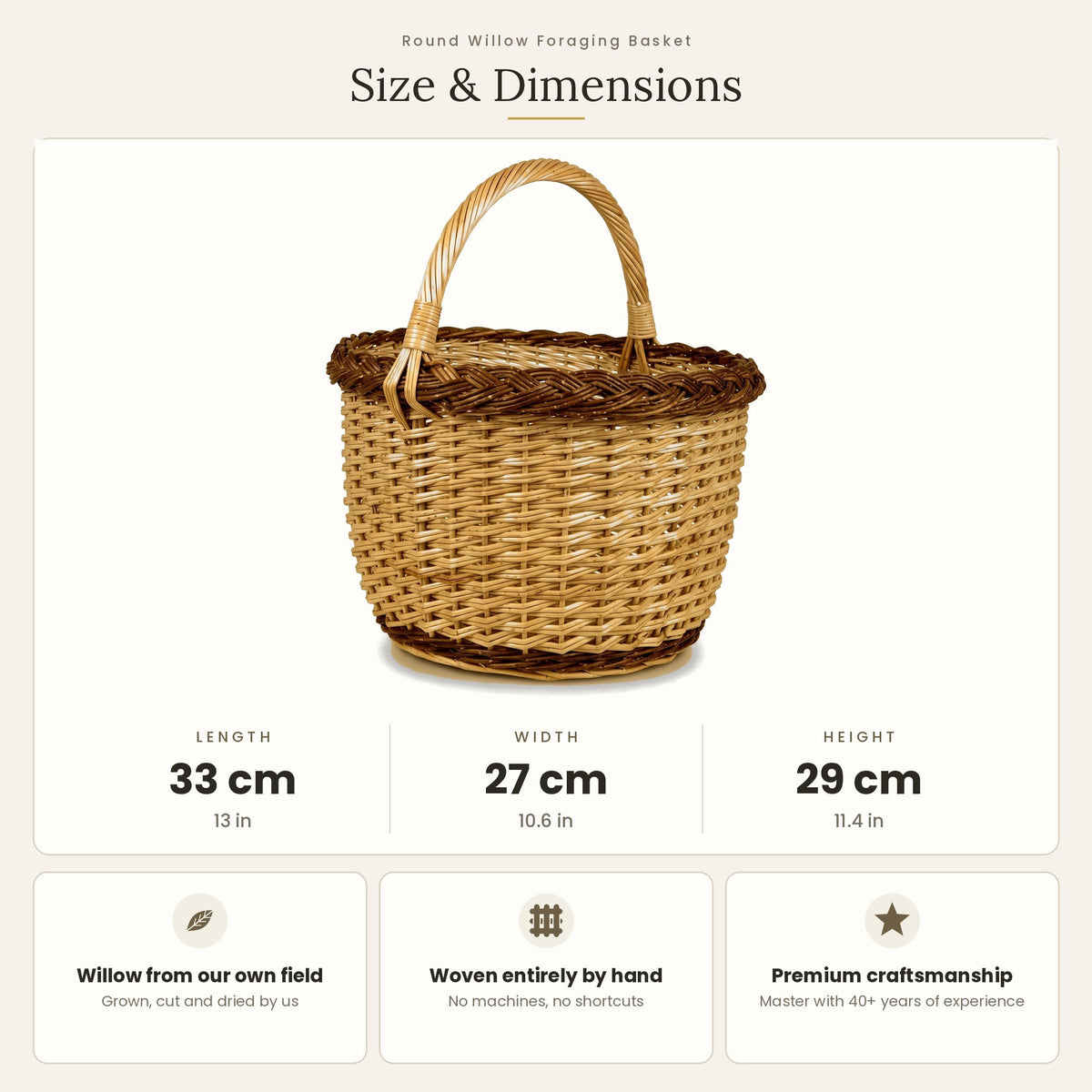 Size chart for the round foraging basket with handle showing 33 cm length, 27 cm width and 29 cm height