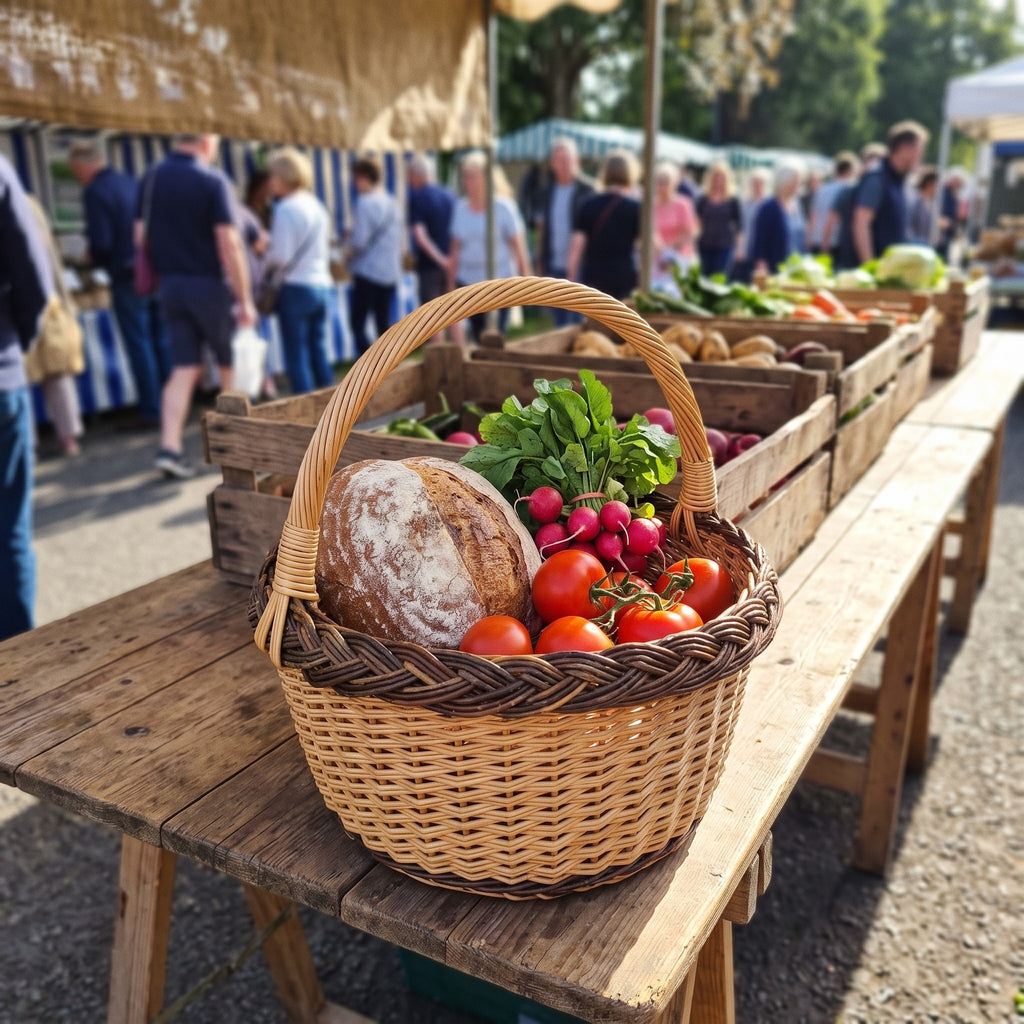 Round wicker market basket with handle holding sourdough bread, radishes, tomatoes and greens on a wooden table at a farmers market