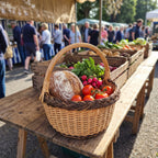 Round wicker market basket with handle holding sourdough bread, radishes, tomatoes and greens on a wooden table at a farmers market