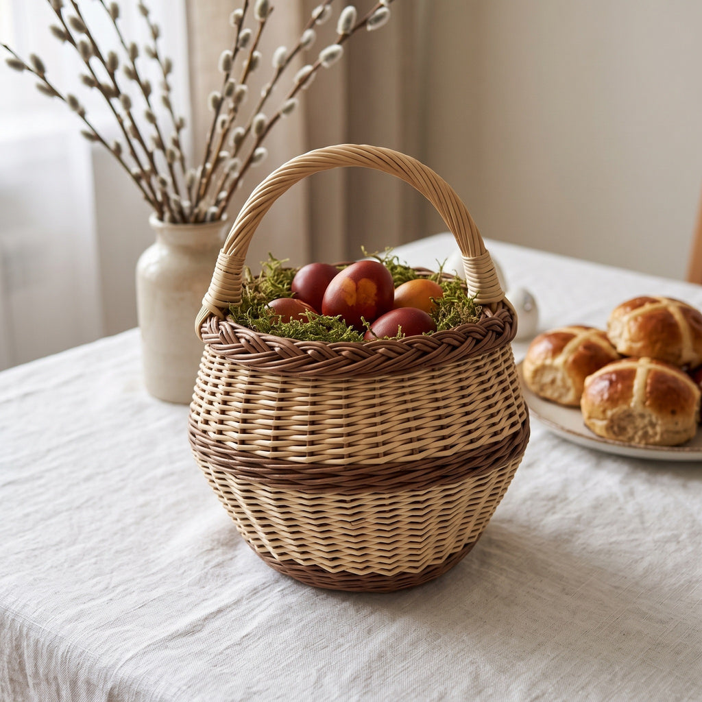 Small round wicker Easter basket with handle filled with dyed eggs on moss, on a linen table with pussy willow and hot cross buns