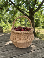 Small round wicker basket with a sturdy handle full of ripe cherries on a weathered garden table under a tree