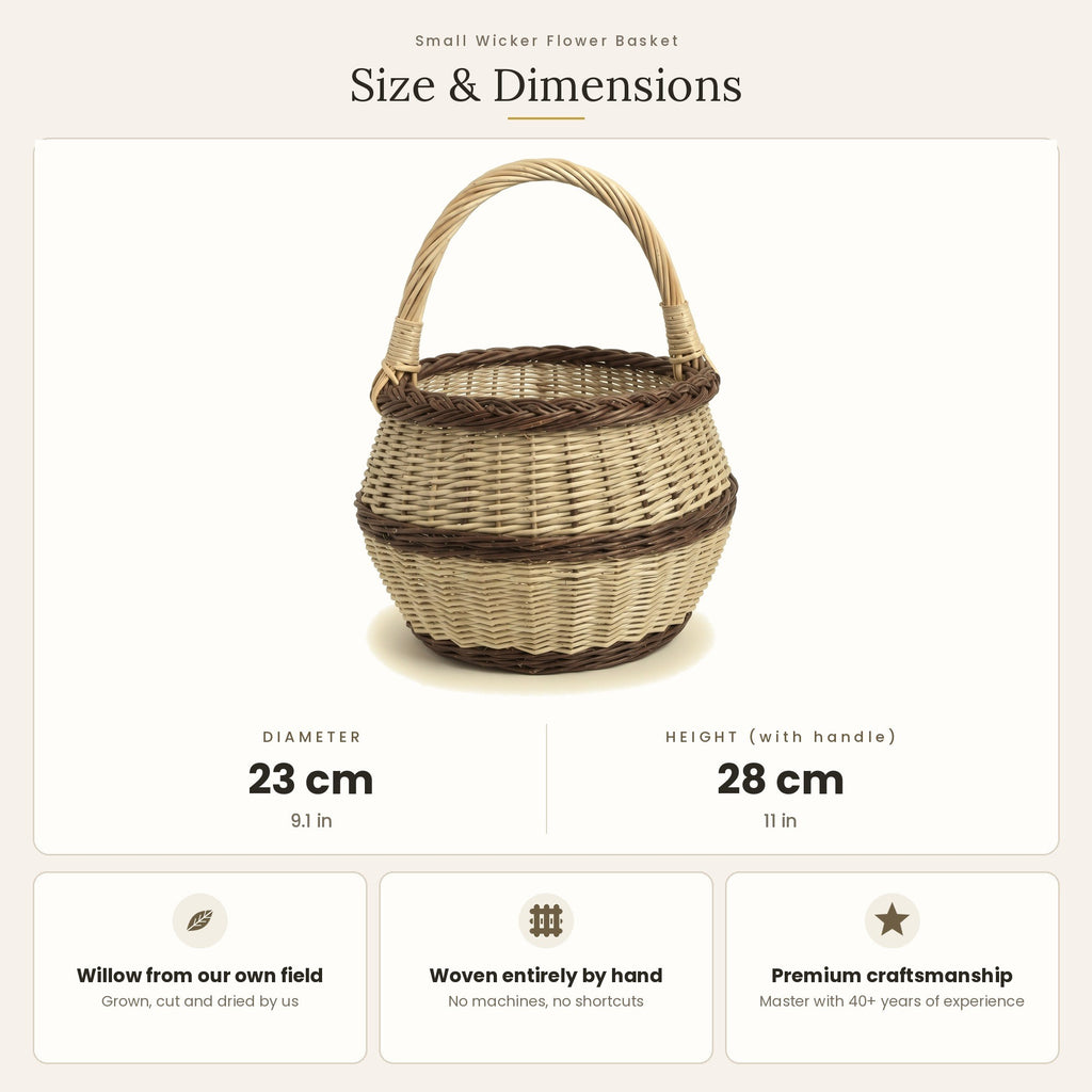 Size chart for the small round handwoven willow basket with handle showing 23 cm diameter and 28 cm height with handle