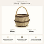 Size chart for the small round handwoven willow basket with handle showing 23 cm diameter and 28 cm height with handle