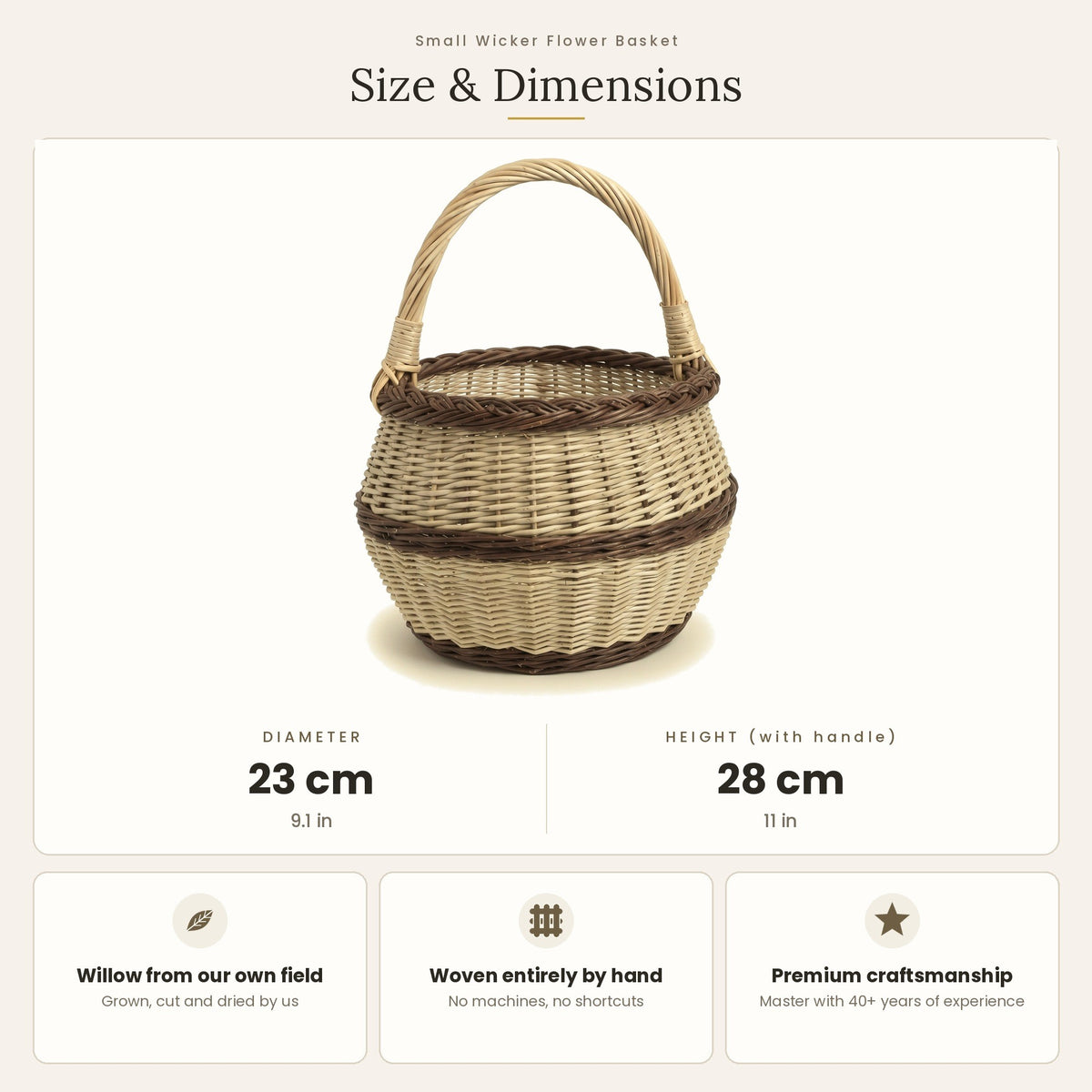 Size chart for the small round handwoven willow basket with handle showing 23 cm diameter and 28 cm height with handle