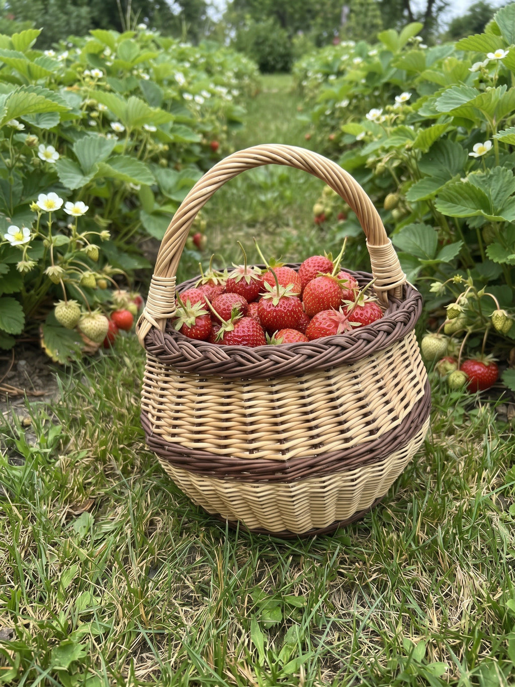 Small willow berry basket with handle filled with freshly picked strawberries among strawberry plants in the garden