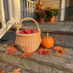 Small wicker basket with handle filled with red apples on wooden porch steps, with a pumpkin and maple leaves
