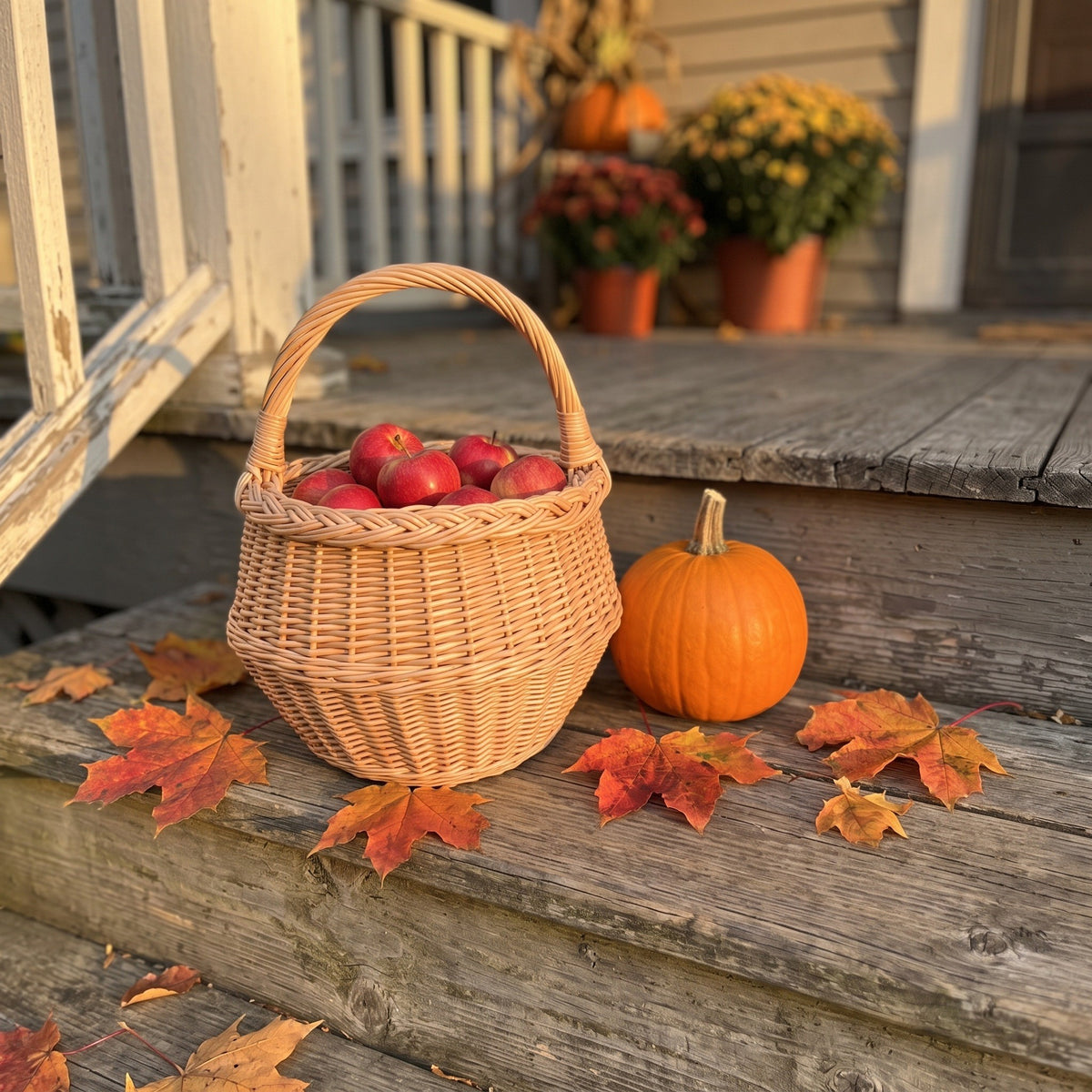 Small wicker basket with handle filled with red apples on wooden porch steps, with a pumpkin and maple leaves