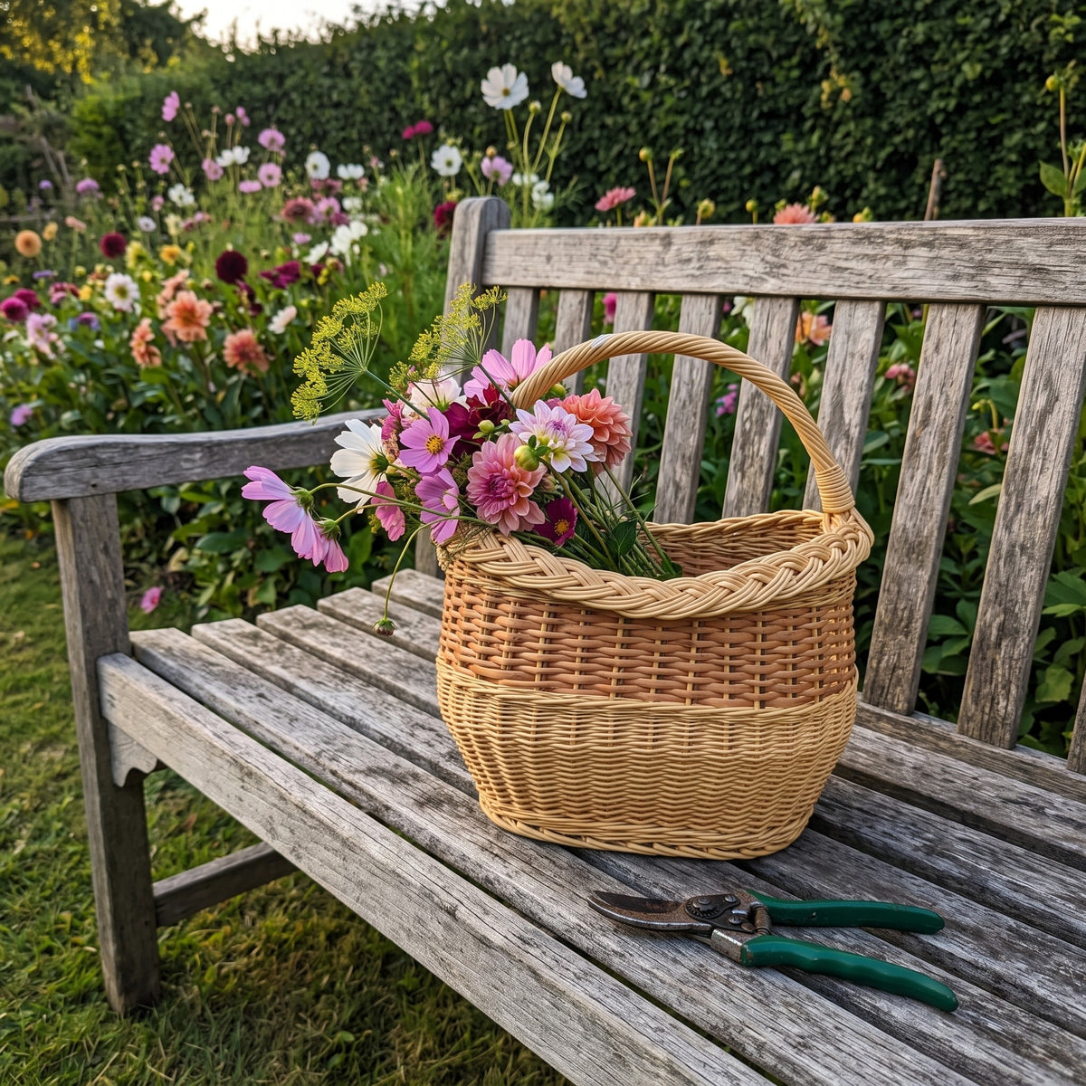 Small wicker basket with handle filled with freshly cut garden flowers on a weathered wooden bench beside pruning shears