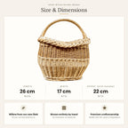 Size chart for the small handwoven willow basket with handle showing 22 cm height with handle, 26 cm length and 17 cm width