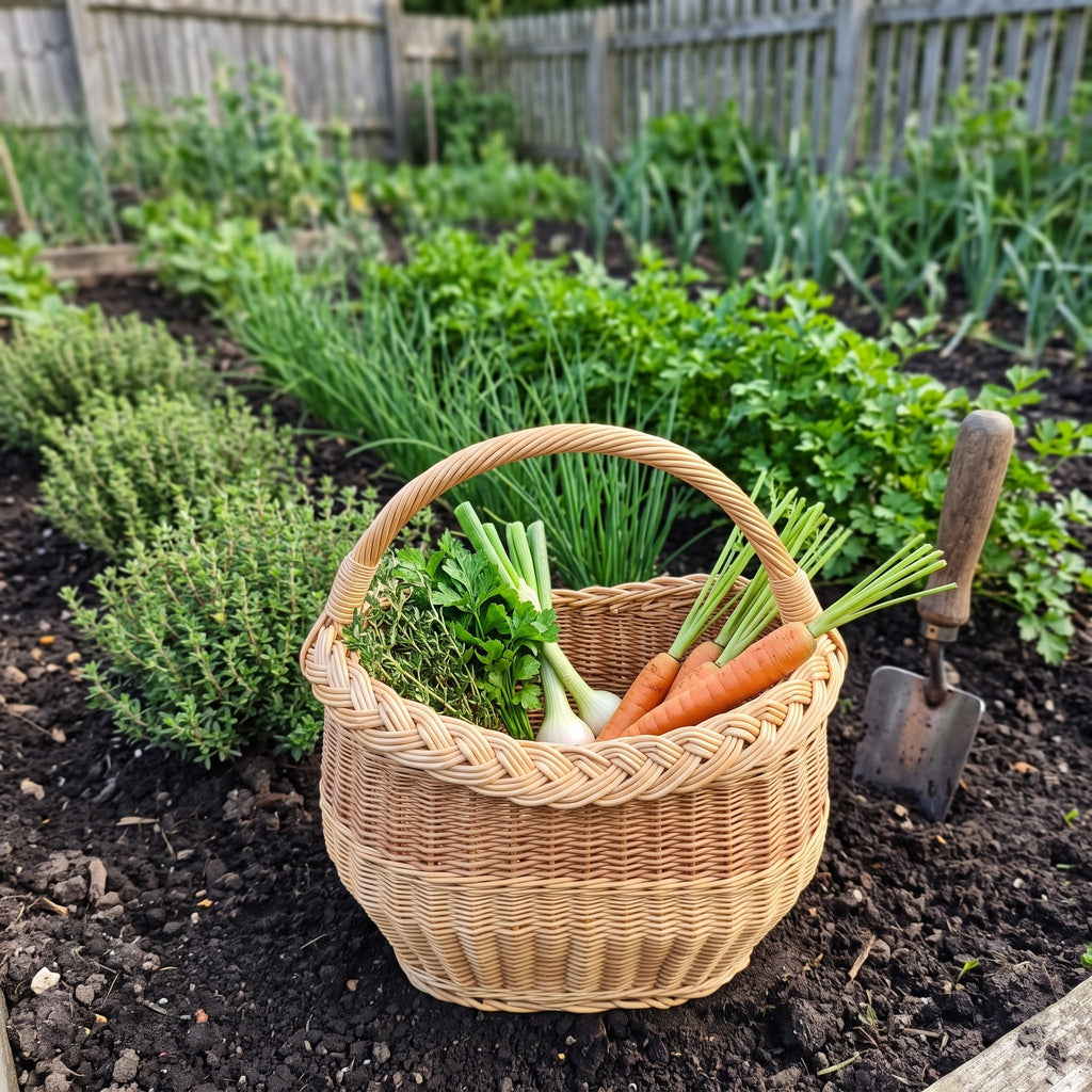 Small willow garden basket with handle holding fresh carrots, spring onions and herbs in a vegetable bed beside a trowel