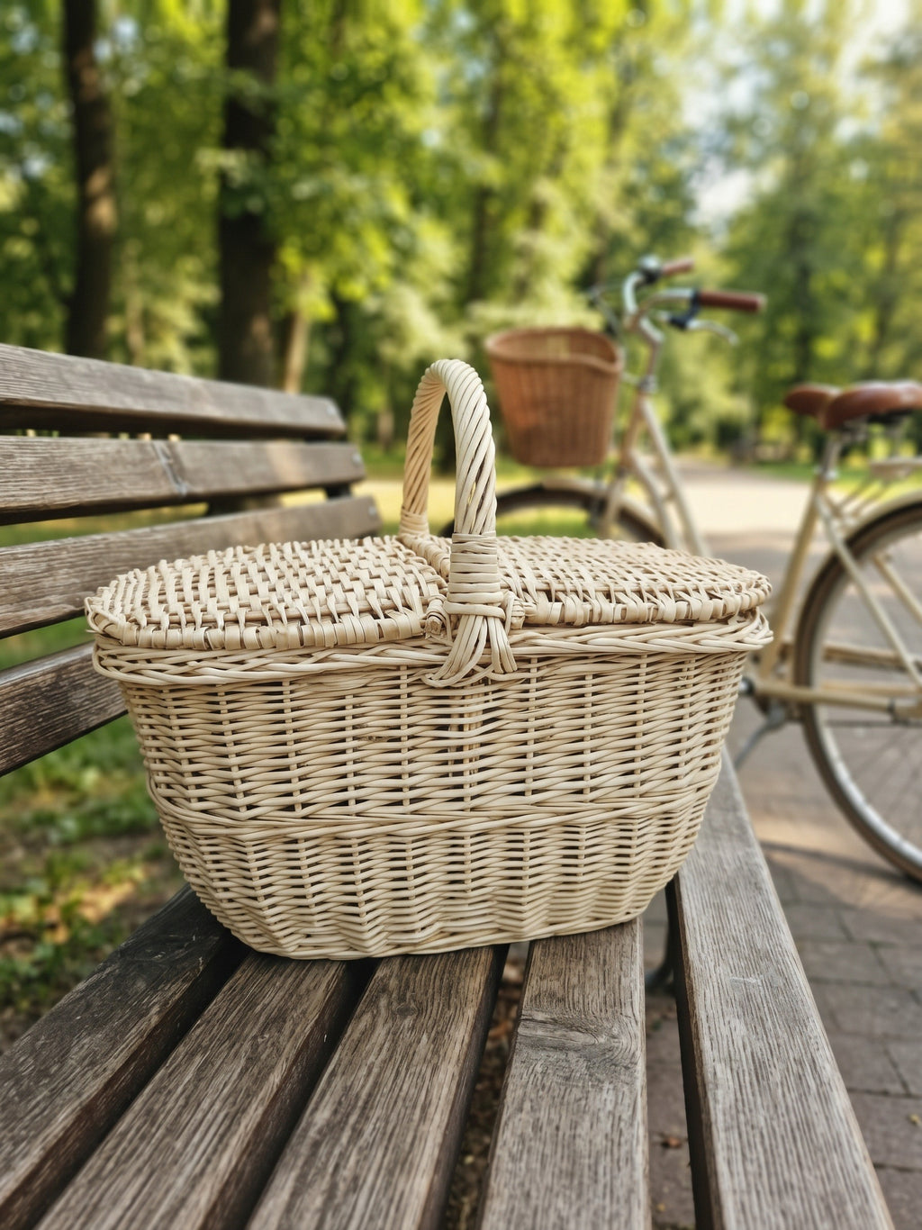 Small wicker picnic basket with a double lid and central handle, handwoven from willow, sitting on a park bench with a bicycle behind it.