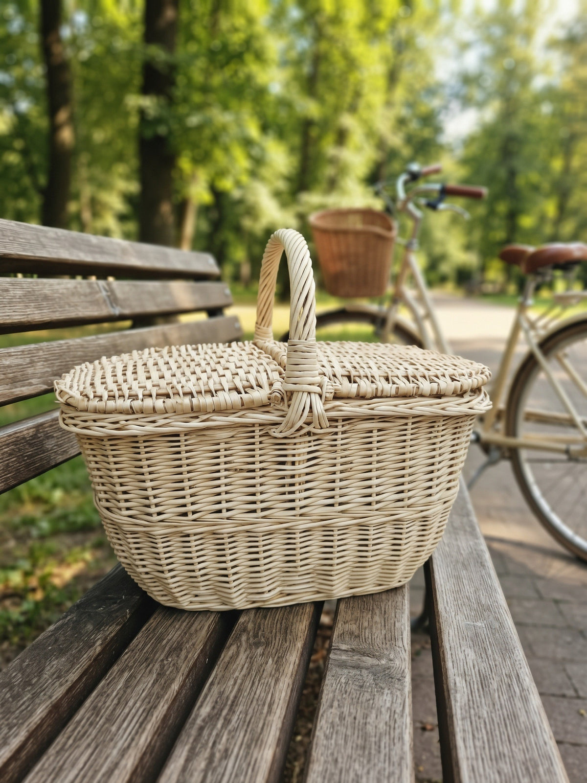 Small wicker picnic basket with a double lid and central handle, handwoven from willow, sitting on a park bench with a bicycle behind it.