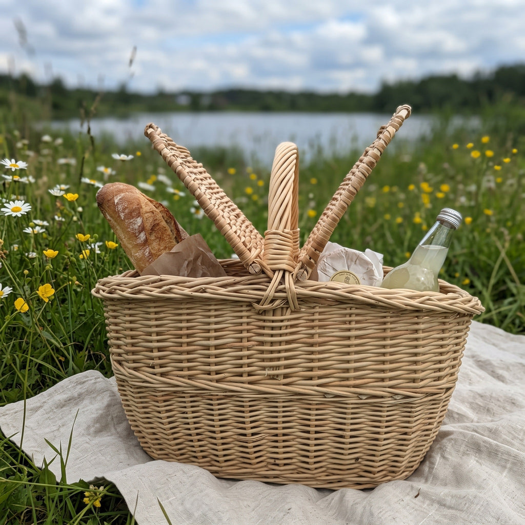 Handwoven willow picnic basket for two with both lids open, packed with a baguette, cheese and lemonade on a blanket by a lake meadow.