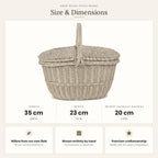 Size chart for the small handwoven wicker picnic basket showing 35 cm length, 23 cm width and 20 cm height without handle.