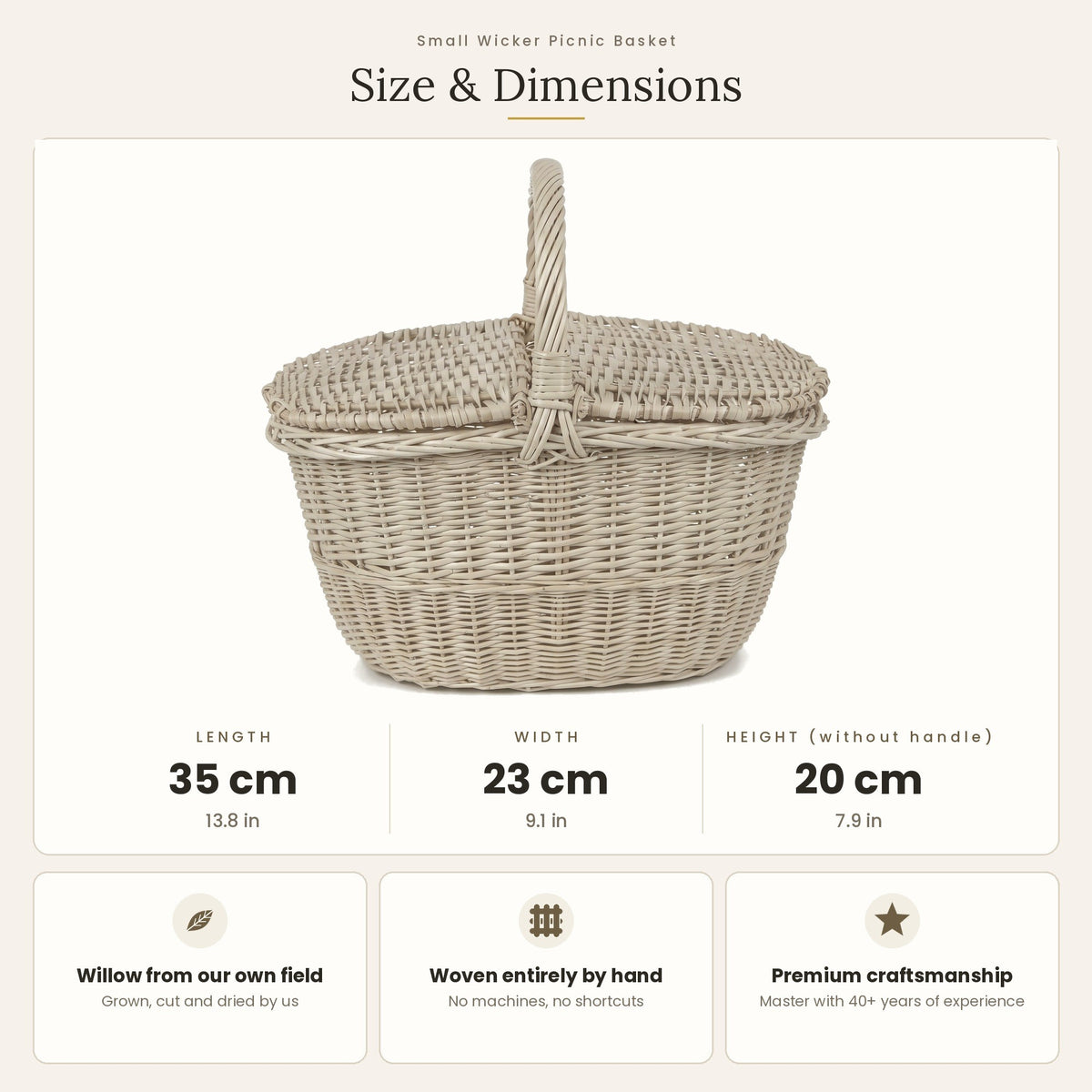 Size chart for the small handwoven wicker picnic basket showing 35 cm length, 23 cm width and 20 cm height without handle.