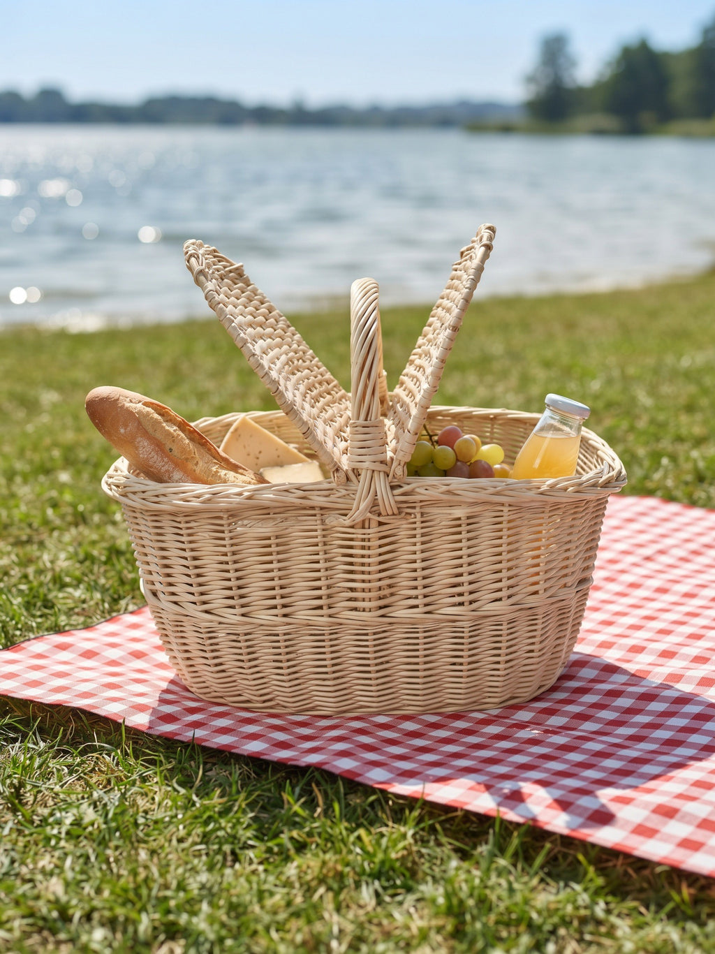 Small double-lid picnic hamper woven from willow, filled with bread, grapes and juice on a checked blanket on the grass beside a lake.