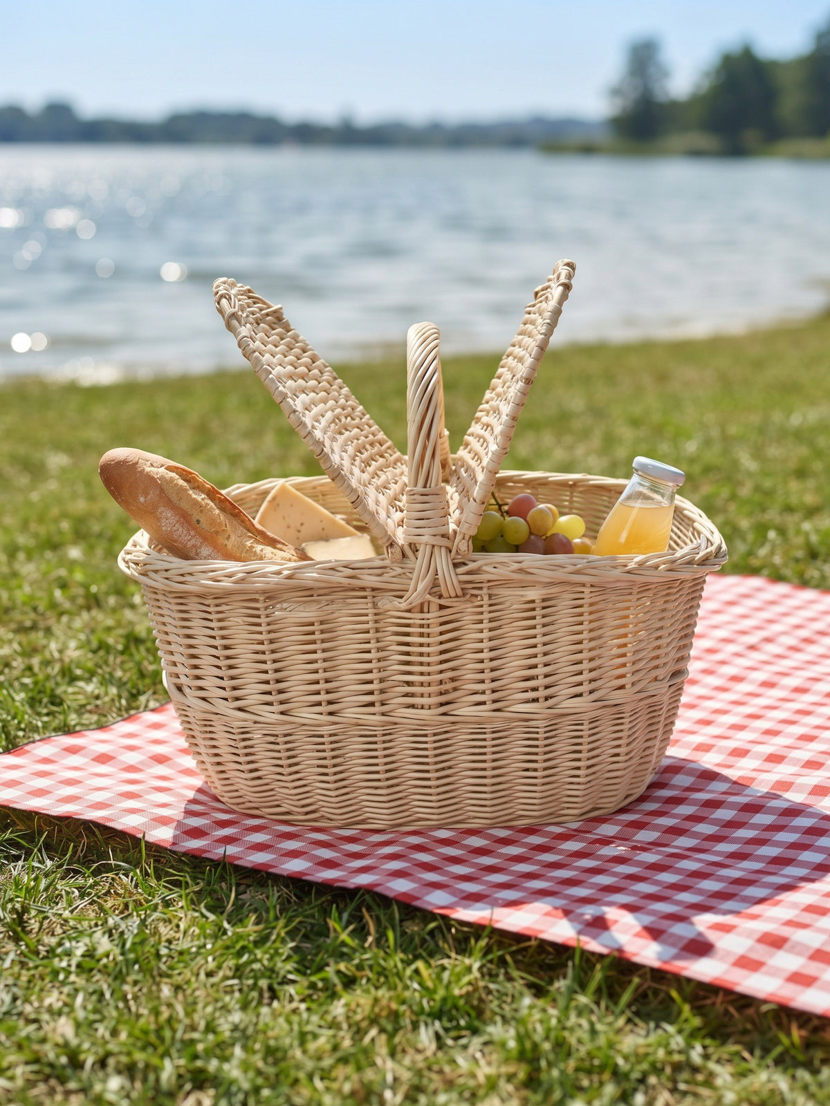 Small double-lid picnic hamper woven from willow, filled with bread, grapes and juice on a checked blanket on the grass beside a lake.