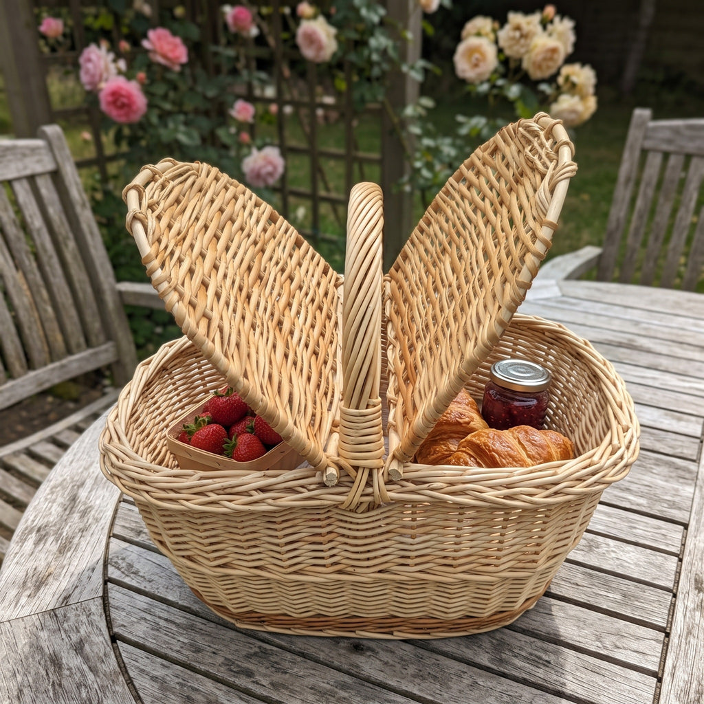 Willow picnic basket with both hinged lids open like wings, holding strawberries, croissants and jam on a garden table among roses.