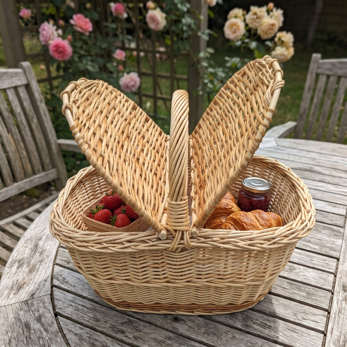 Willow picnic basket with both hinged lids open like wings, holding strawberries, croissants and jam on a garden table among roses.