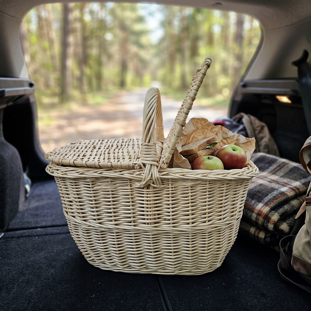 Small handwoven picnic basket with one lid open and apples inside, standing in the open boot of a car on a forest road.