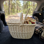 Small handwoven picnic basket with one lid open and apples inside, standing in the open boot of a car on a forest road.