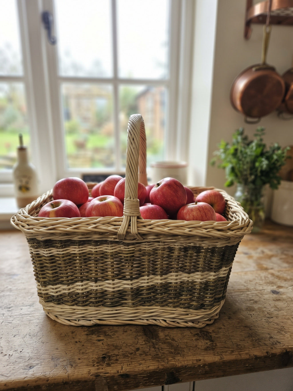 Rectangular willow vegetable harvest basket with a tall arched handle filled with red apples on a rustic kitchen worktop by the window