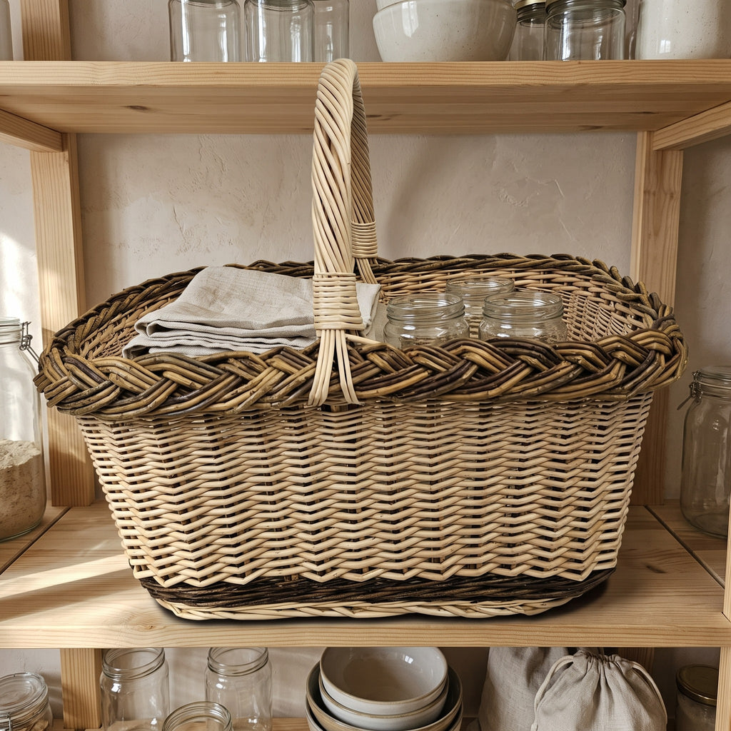 Handwoven rectangular wicker basket with a thick braided rim and handle used as pantry storage for linen and jars on a wooden shelf