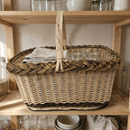 Handwoven rectangular wicker basket with a thick braided rim and handle used as pantry storage for linen and jars on a wooden shelf