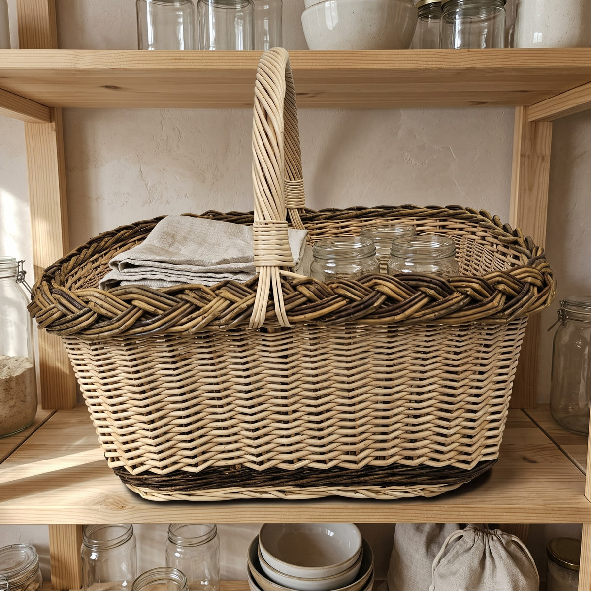 Handwoven rectangular wicker basket with a thick braided rim and handle used as pantry storage for linen and jars on a wooden shelf