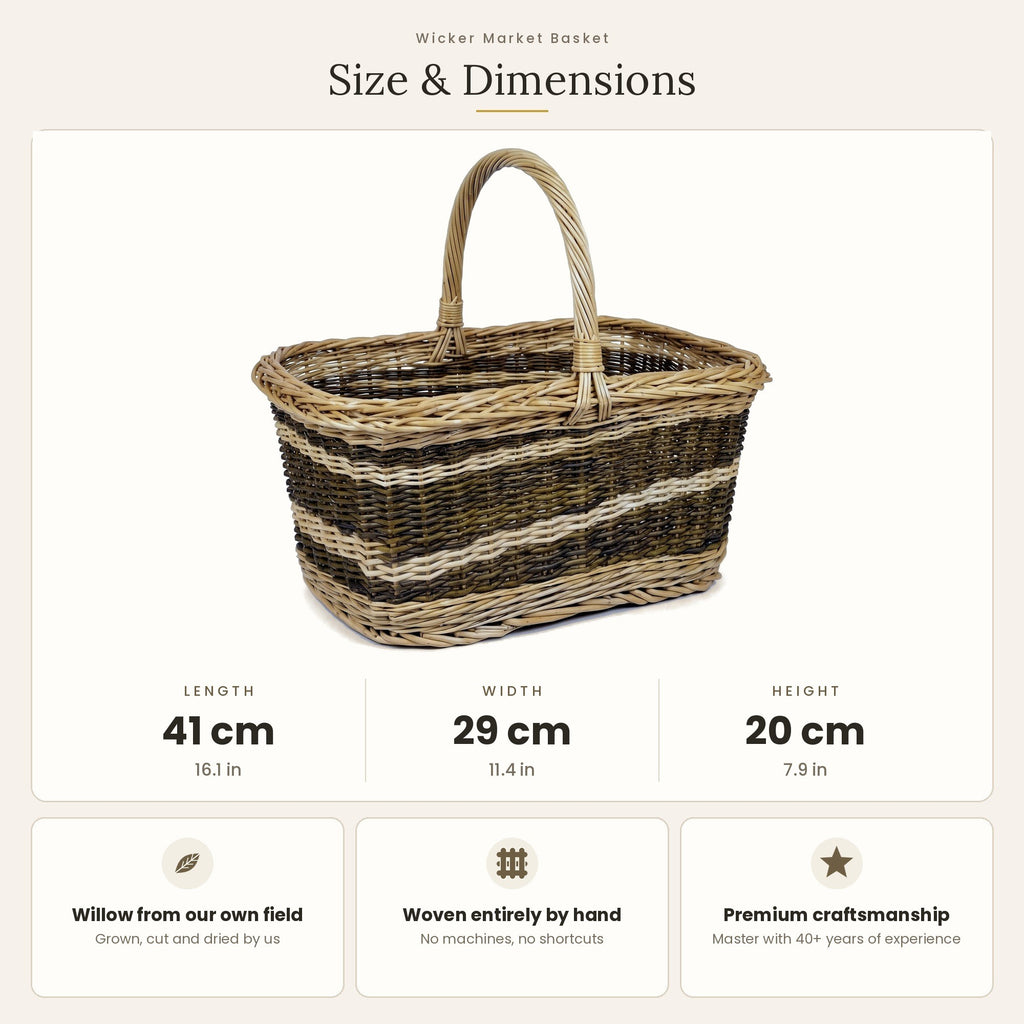 Size chart for the rectangular handwoven willow vegetable harvest basket showing 41 cm length, 29 cm width and 20 cm height